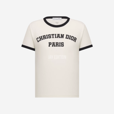 디올 화이트 & 블랙 코튼 린넨 저지 티셔츠