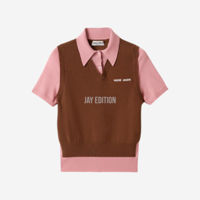 미우미우 캐시미어 및 울 폴로 스웨터 토바코 핑크