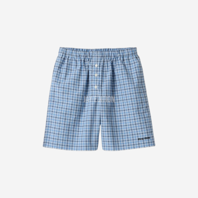 미우미우 체크 포플린 복서 쇼츠 셀레스트 블루