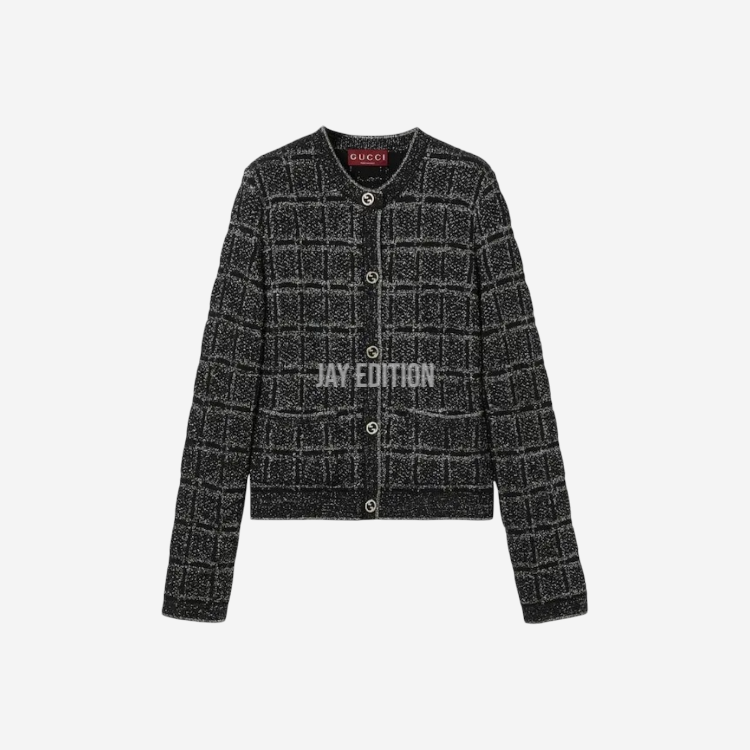 구찌 울 및 라메 체크 자카드 가디건