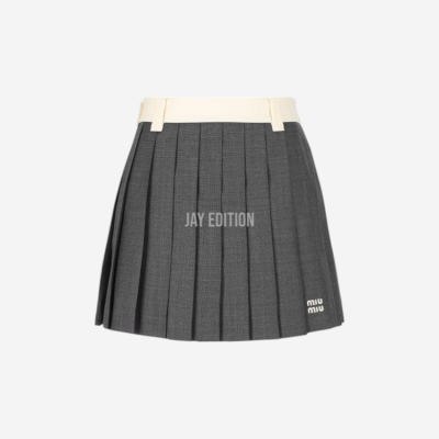 미우미우 로고 자수 플리츠 울 스커트