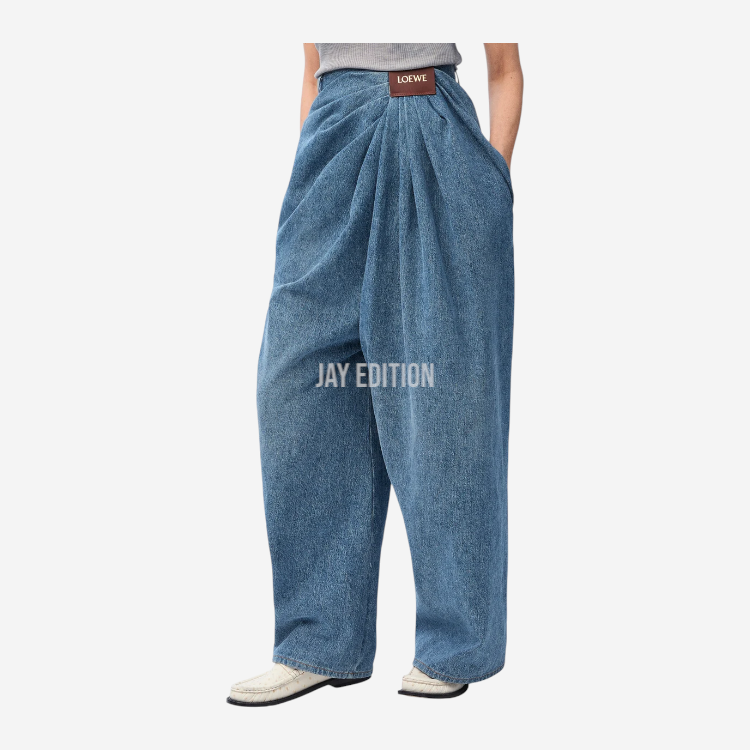로에베 로고 패치 드레이프 코튼 데님 팬츠