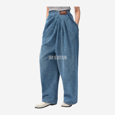 로에베 로고 패치 드레이프 코튼 데님 팬츠