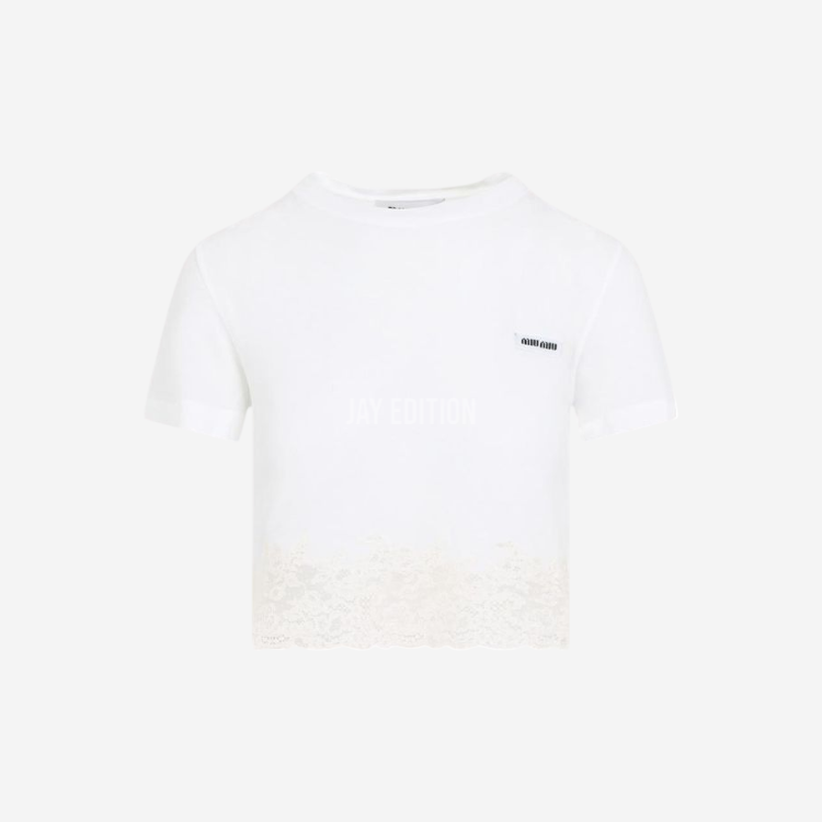 미우미우 로고 패치 레이스 패널 코튼 반팔 티셔츠